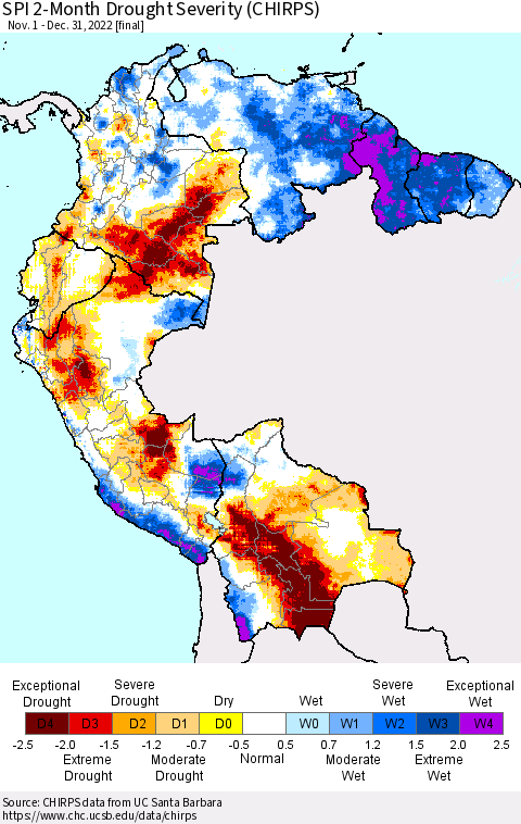 Northern South America SPI 2-Month Drought Severity (CHIRPS) Thematic Map For 11/1/2022 - 12/31/2022