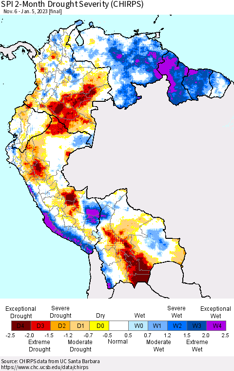 Northern South America SPI 2-Month Drought Severity (CHIRPS) Thematic Map For 11/6/2022 - 1/5/2023