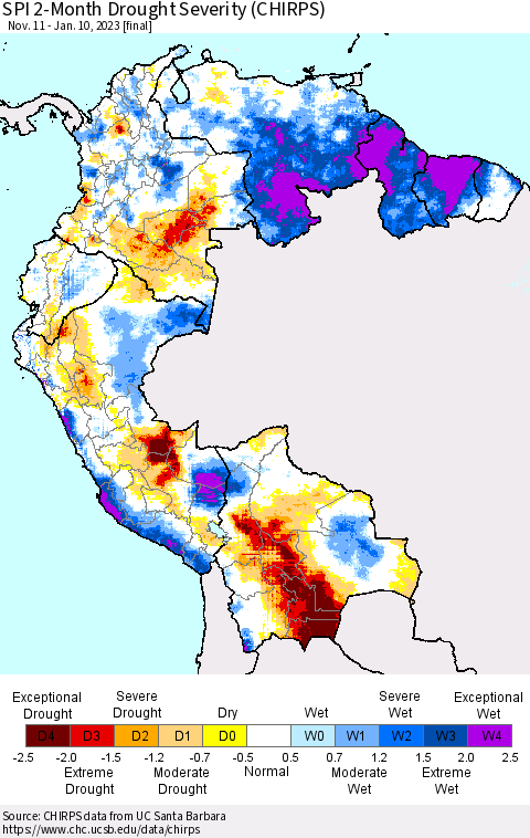 Northern South America SPI 2-Month Drought Severity (CHIRPS) Thematic Map For 11/11/2022 - 1/10/2023
