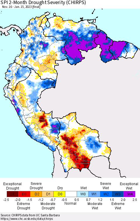 Northern South America SPI 2-Month Drought Severity (CHIRPS) Thematic Map For 11/16/2022 - 1/15/2023