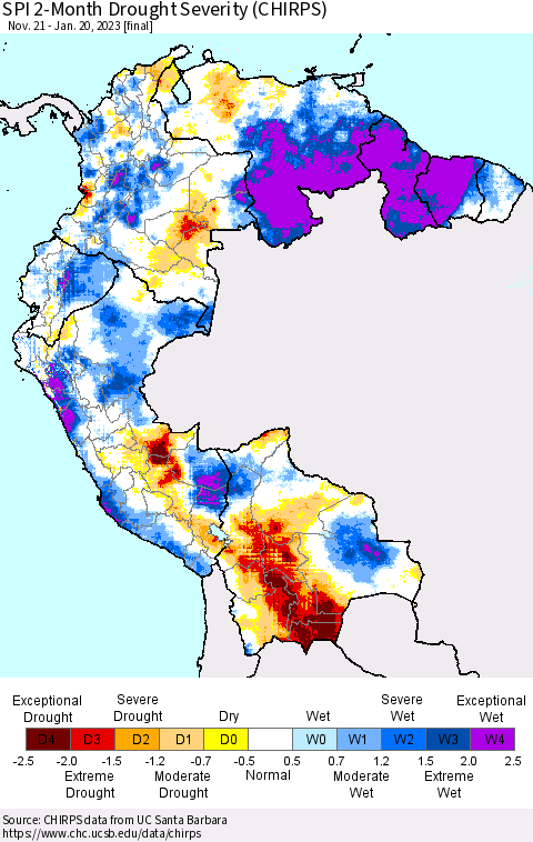 Northern South America SPI 2-Month Drought Severity (CHIRPS) Thematic Map For 11/21/2022 - 1/20/2023