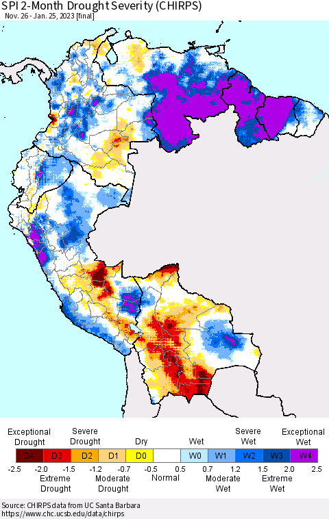 Northern South America SPI 2-Month Drought Severity (CHIRPS) Thematic Map For 11/26/2022 - 1/25/2023