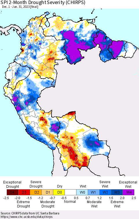 Northern South America SPI 2-Month Drought Severity (CHIRPS) Thematic Map For 12/1/2022 - 1/31/2023