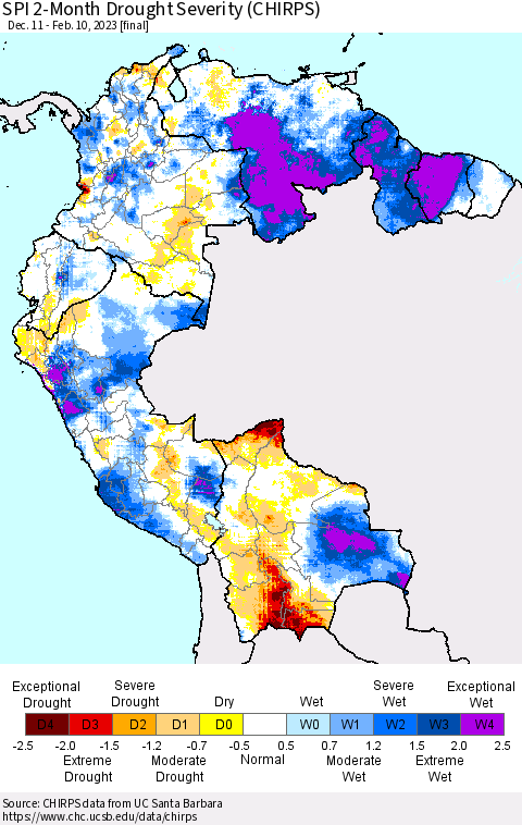 Northern South America SPI 2-Month Drought Severity (CHIRPS) Thematic Map For 12/11/2022 - 2/10/2023