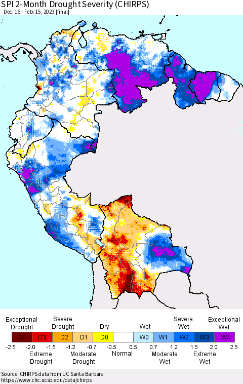 Northern South America SPI 2-Month Drought Severity (CHIRPS) Thematic Map For 12/16/2022 - 2/15/2023