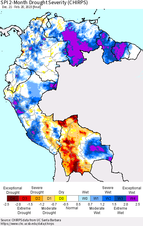 Northern South America SPI 2-Month Drought Severity (CHIRPS) Thematic Map For 12/21/2022 - 2/20/2023