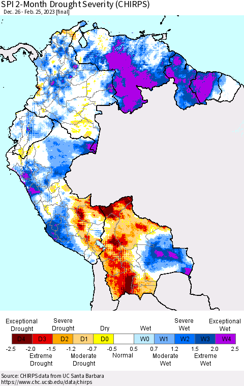 Northern South America SPI 2-Month Drought Severity (CHIRPS) Thematic Map For 12/26/2022 - 2/25/2023