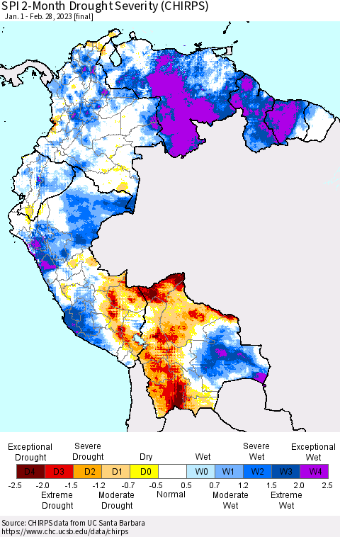 Northern South America SPI 2-Month Drought Severity (CHIRPS) Thematic Map For 1/1/2023 - 2/28/2023