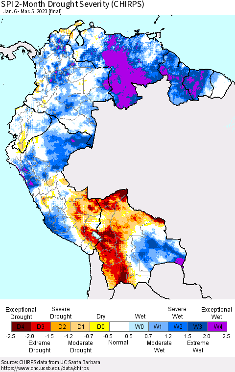 Northern South America SPI 2-Month Drought Severity (CHIRPS) Thematic Map For 1/6/2023 - 3/5/2023