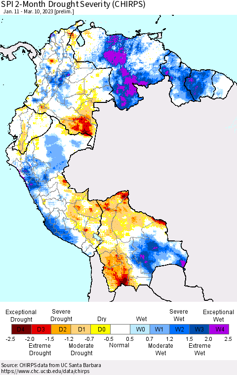 Northern South America SPI 2-Month Drought Severity (CHIRPS) Thematic Map For 1/11/2023 - 3/10/2023