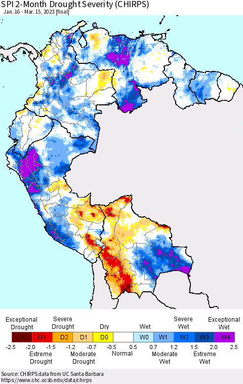 Northern South America SPI 2-Month Drought Severity (CHIRPS) Thematic Map For 1/16/2023 - 3/15/2023