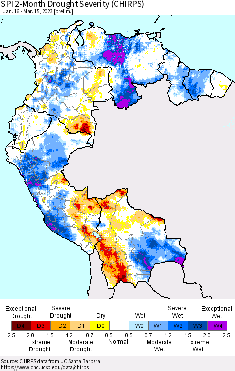 Northern South America SPI 2-Month Drought Severity (CHIRPS) Thematic Map For 1/16/2023 - 3/15/2023