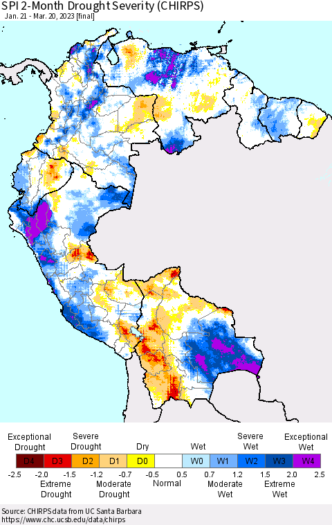 Northern South America SPI 2-Month Drought Severity (CHIRPS) Thematic Map For 1/21/2023 - 3/20/2023