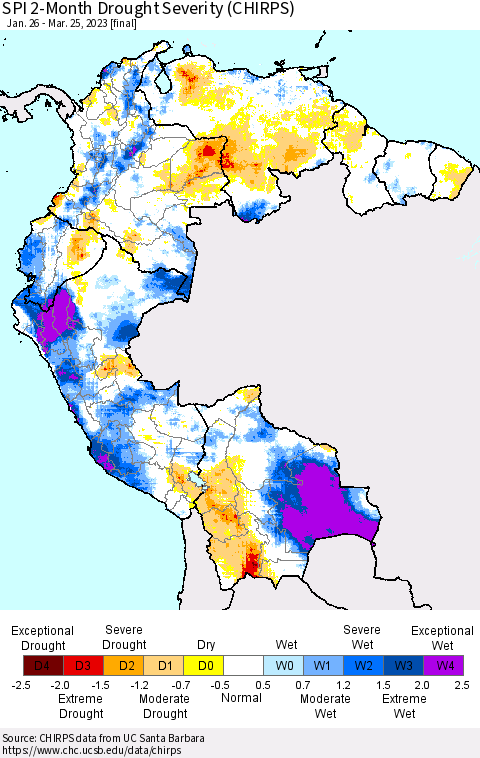 Northern South America SPI 2-Month Drought Severity (CHIRPS) Thematic Map For 1/26/2023 - 3/25/2023