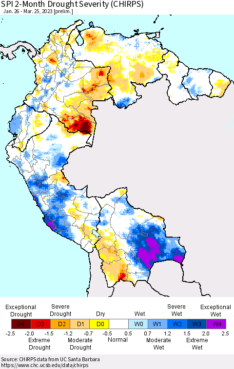 Northern South America SPI 2-Month Drought Severity (CHIRPS) Thematic Map For 1/26/2023 - 3/25/2023