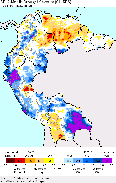 Northern South America SPI 2-Month Drought Severity (CHIRPS) Thematic Map For 2/1/2023 - 3/31/2023