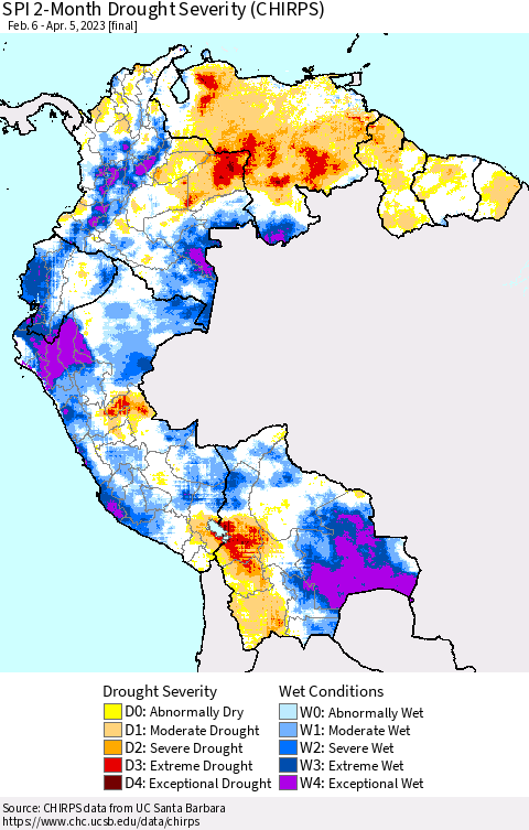 Northern South America SPI 2-Month Drought Severity (CHIRPS) Thematic Map For 2/6/2023 - 4/5/2023