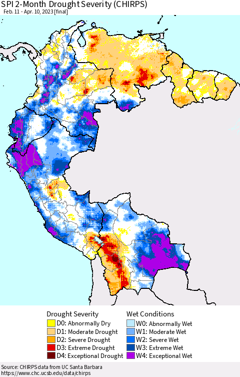 Northern South America SPI 2-Month Drought Severity (CHIRPS) Thematic Map For 2/11/2023 - 4/10/2023