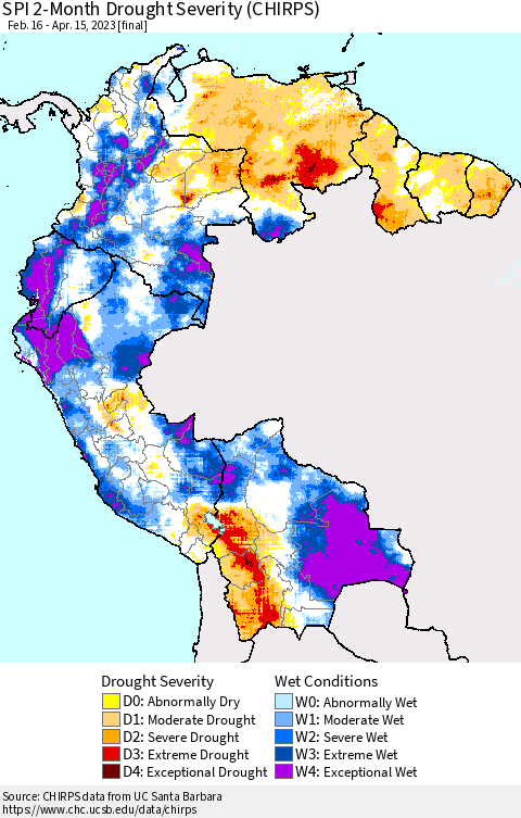 Northern South America SPI 2-Month Drought Severity (CHIRPS) Thematic Map For 2/16/2023 - 4/15/2023