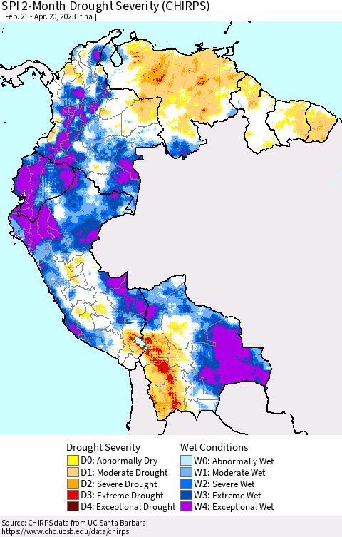 Northern South America SPI 2-Month Drought Severity (CHIRPS) Thematic Map For 2/21/2023 - 4/20/2023