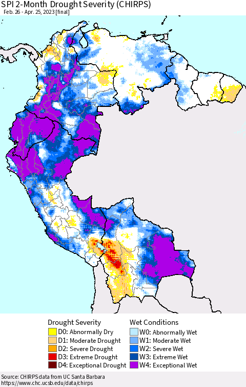 Northern South America SPI 2-Month Drought Severity (CHIRPS) Thematic Map For 2/26/2023 - 4/25/2023