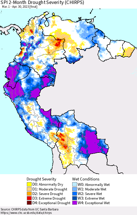 Northern South America SPI 2-Month Drought Severity (CHIRPS) Thematic Map For 3/1/2023 - 4/30/2023