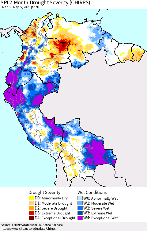 Northern South America SPI 2-Month Drought Severity (CHIRPS) Thematic Map For 3/6/2023 - 5/5/2023