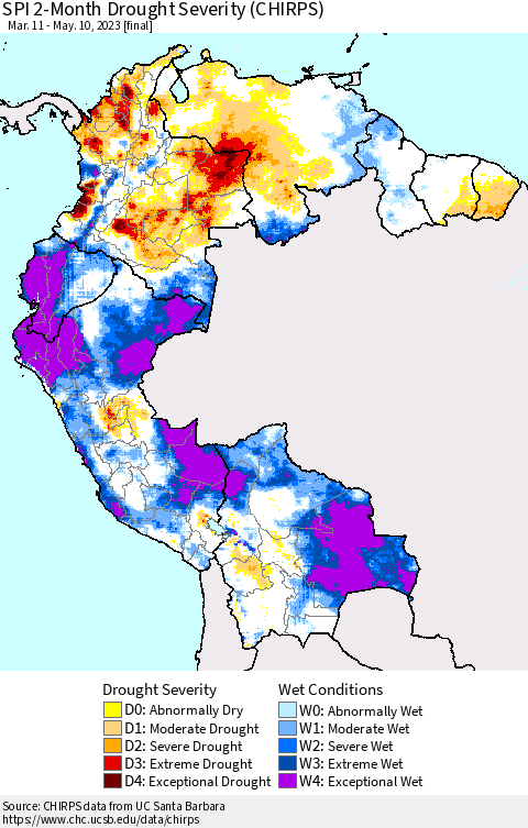Northern South America SPI 2-Month Drought Severity (CHIRPS) Thematic Map For 3/11/2023 - 5/10/2023