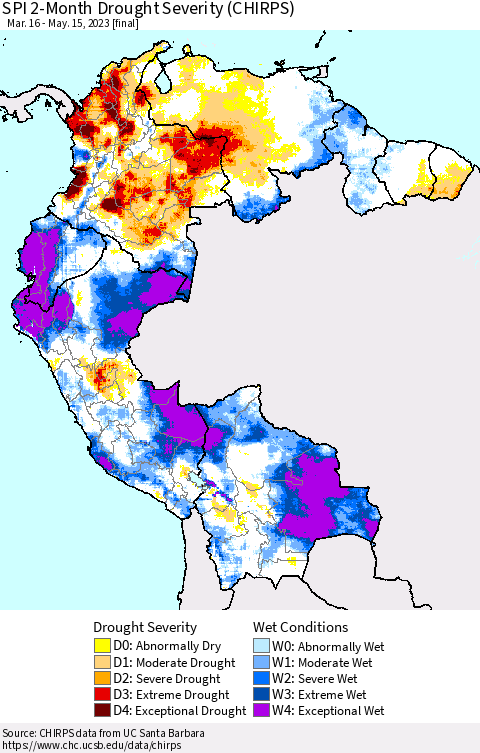 Northern South America SPI 2-Month Drought Severity (CHIRPS) Thematic Map For 3/16/2023 - 5/15/2023