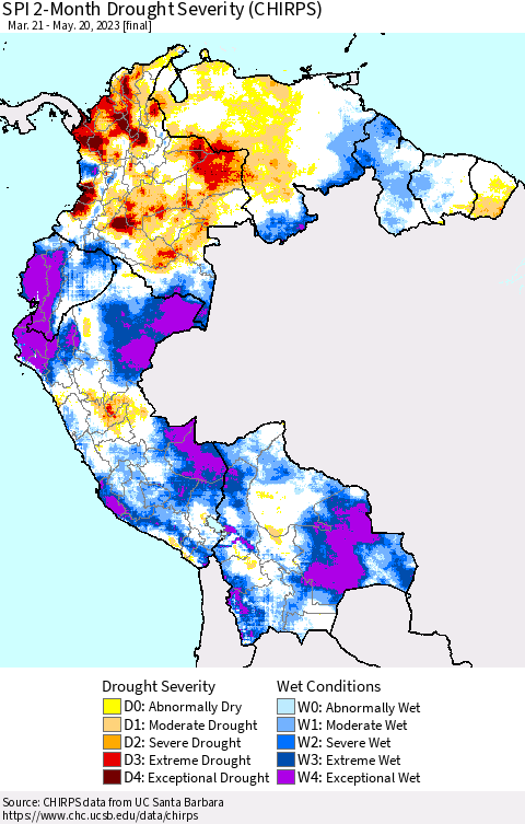 Northern South America SPI 2-Month Drought Severity (CHIRPS) Thematic Map For 3/21/2023 - 5/20/2023