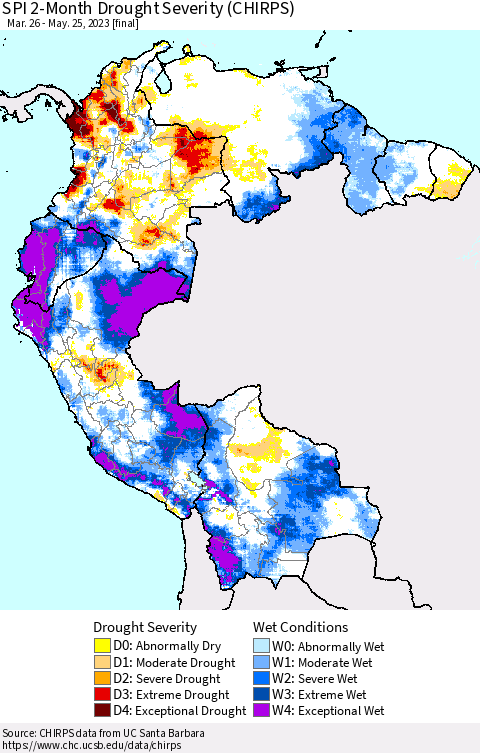 Northern South America SPI 2-Month Drought Severity (CHIRPS) Thematic Map For 3/26/2023 - 5/25/2023
