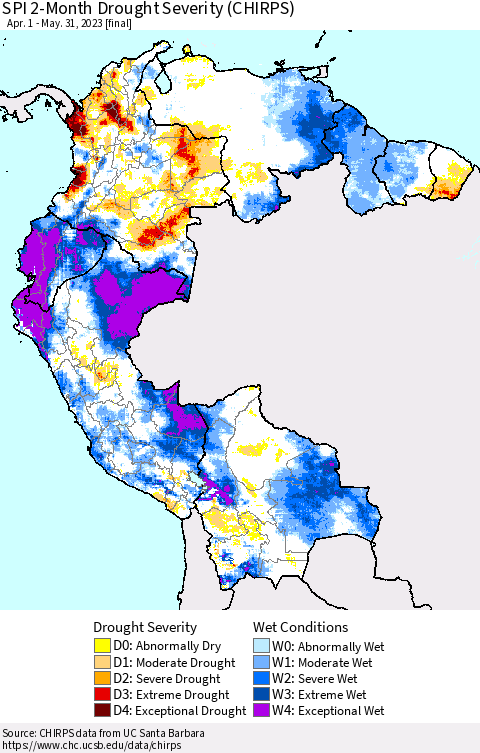Northern South America SPI 2-Month Drought Severity (CHIRPS) Thematic Map For 4/1/2023 - 5/31/2023