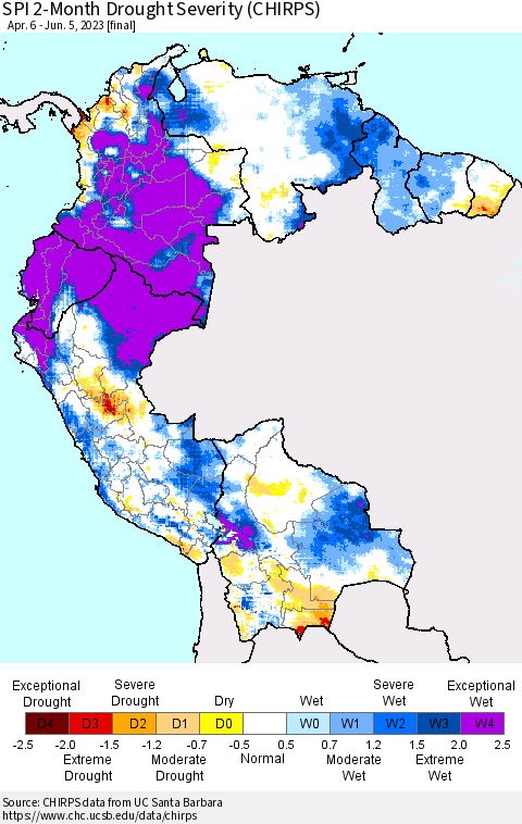 Northern South America SPI 2-Month Drought Severity (CHIRPS) Thematic Map For 4/6/2023 - 6/5/2023