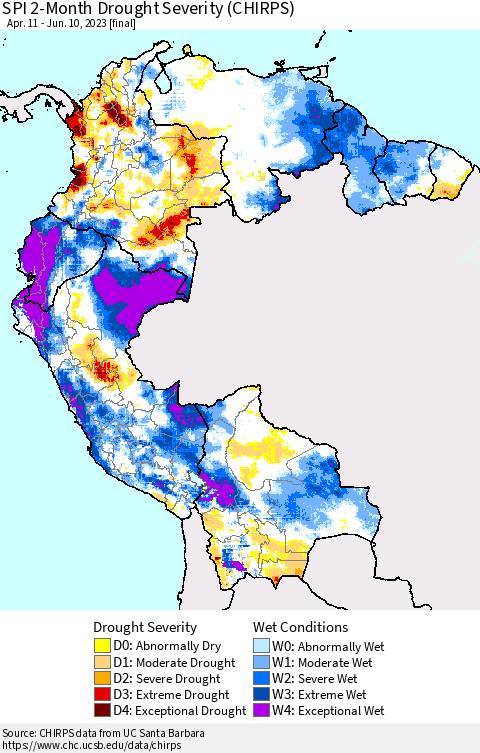Northern South America SPI 2-Month Drought Severity (CHIRPS) Thematic Map For 4/11/2023 - 6/10/2023