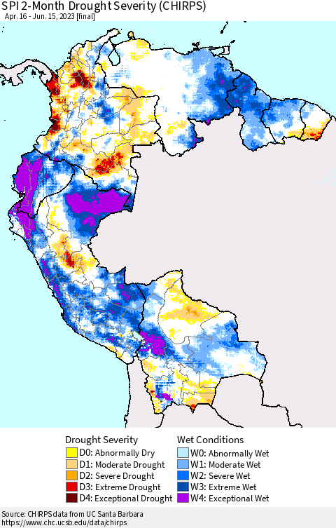 Northern South America SPI 2-Month Drought Severity (CHIRPS) Thematic Map For 4/16/2023 - 6/15/2023