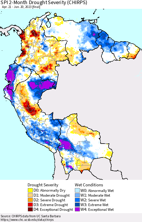 Northern South America SPI 2-Month Drought Severity (CHIRPS) Thematic Map For 4/21/2023 - 6/20/2023