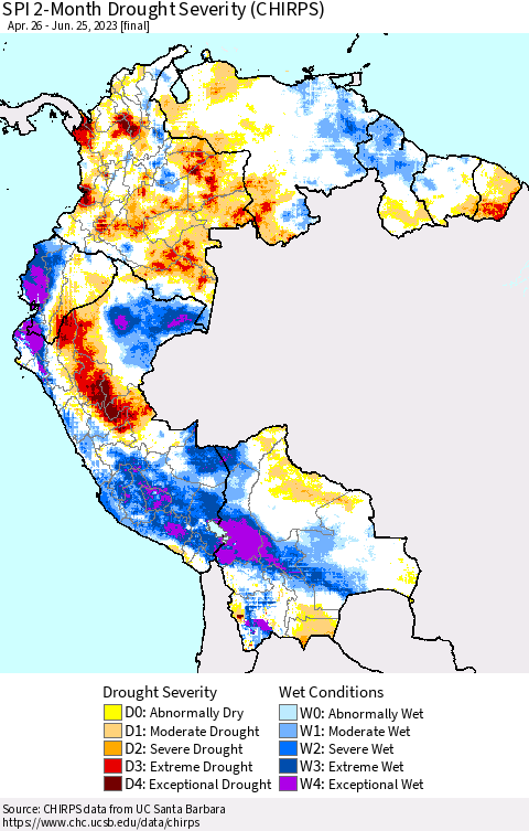 Northern South America SPI 2-Month Drought Severity (CHIRPS) Thematic Map For 4/26/2023 - 6/25/2023