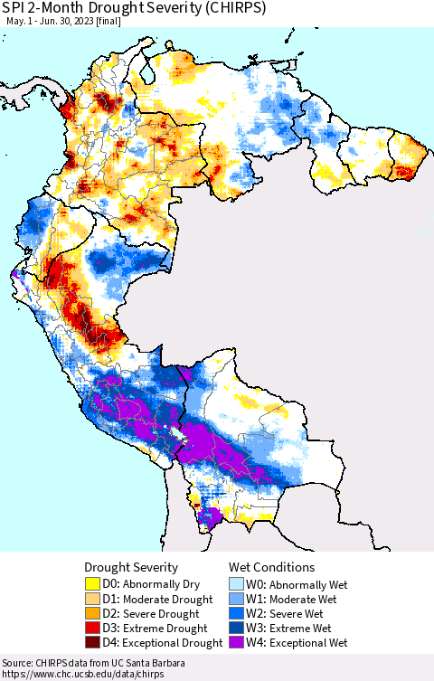 Northern South America SPI 2-Month Drought Severity (CHIRPS) Thematic Map For 5/1/2023 - 6/30/2023