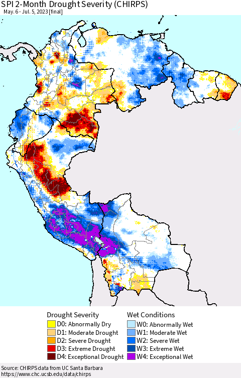 Northern South America SPI 2-Month Drought Severity (CHIRPS) Thematic Map For 5/6/2023 - 7/5/2023