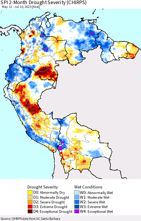Northern South America SPI 2-Month Drought Severity (CHIRPS) Thematic Map For 5/11/2023 - 7/10/2023