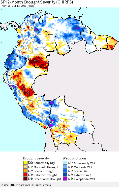 Northern South America SPI 2-Month Drought Severity (CHIRPS) Thematic Map For 5/16/2023 - 7/15/2023