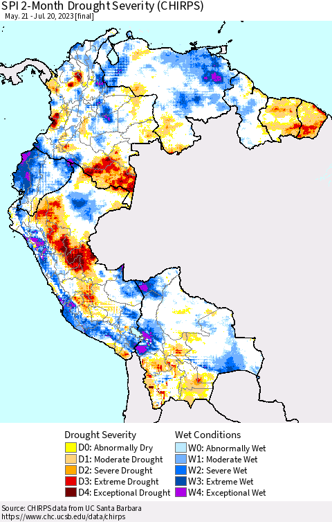 Northern South America SPI 2-Month Drought Severity (CHIRPS) Thematic Map For 5/21/2023 - 7/20/2023