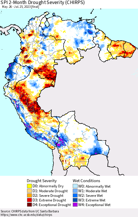 Northern South America SPI 2-Month Drought Severity (CHIRPS) Thematic Map For 5/26/2023 - 7/25/2023