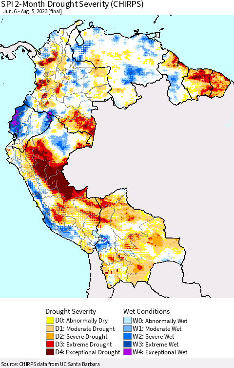 Northern South America SPI 2-Month Drought Severity (CHIRPS) Thematic Map For 6/6/2023 - 8/5/2023
