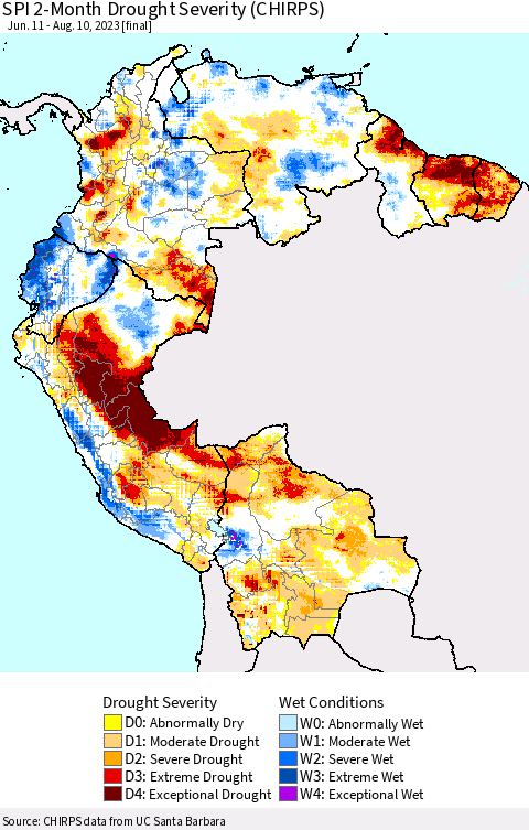 Northern South America SPI 2-Month Drought Severity (CHIRPS) Thematic Map For 6/11/2023 - 8/10/2023