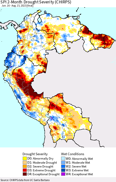 Northern South America SPI 2-Month Drought Severity (CHIRPS) Thematic Map For 6/16/2023 - 8/15/2023