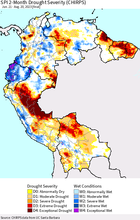 Northern South America SPI 2-Month Drought Severity (CHIRPS) Thematic Map For 6/21/2023 - 8/20/2023