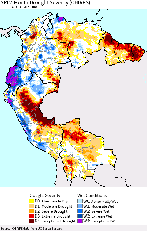 Northern South America SPI 2-Month Drought Severity (CHIRPS) Thematic Map For 7/1/2023 - 8/31/2023