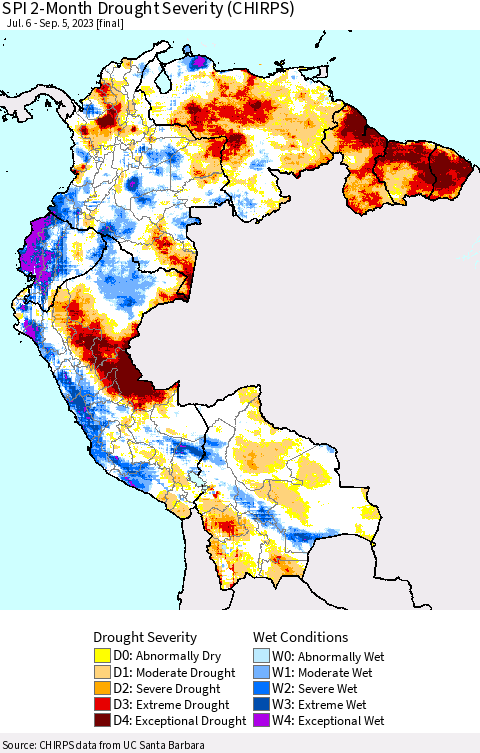 Northern South America SPI 2-Month Drought Severity (CHIRPS) Thematic Map For 7/6/2023 - 9/5/2023
