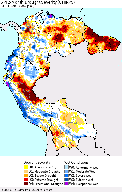 Northern South America SPI 2-Month Drought Severity (CHIRPS) Thematic Map For 7/11/2023 - 9/10/2023